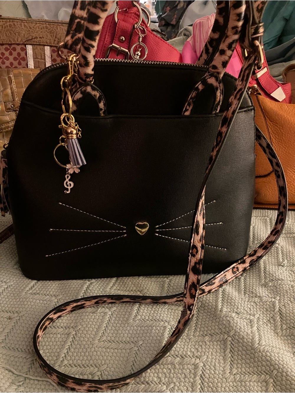 Adorable Black Cat Accent Satchel with Leopard Strap